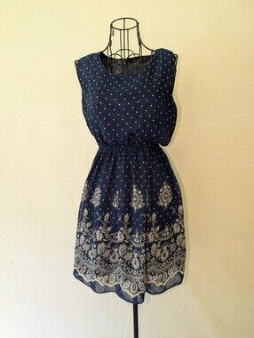 Navy Blue Dress With Floral And Polka Dot Pattern